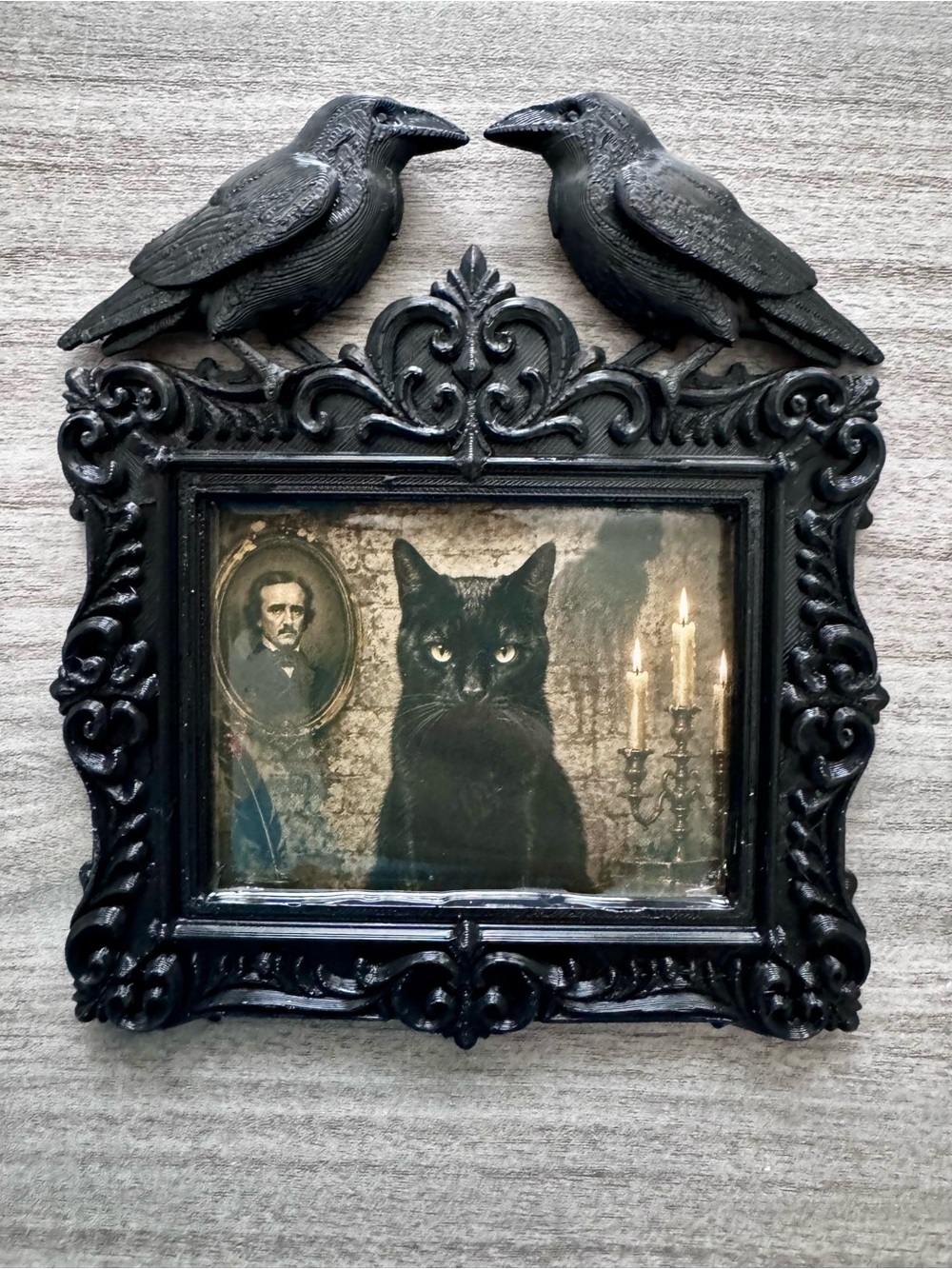 Handcrafted Black Cat print in 3D printed Raven Frame about 6” x 5”